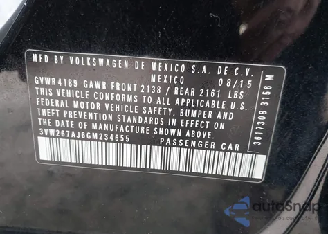 2016 Volkswagen Jetta 1.4T S z USA, uszkodzony, nr VIN 3VW267AJ6GM234655